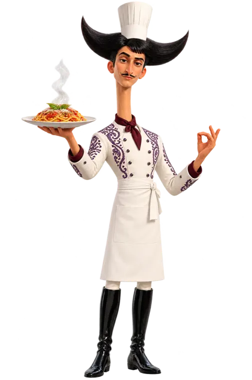 Julio dressed as a chef, in a tall hat, holding up a steaming plate of spaghetti