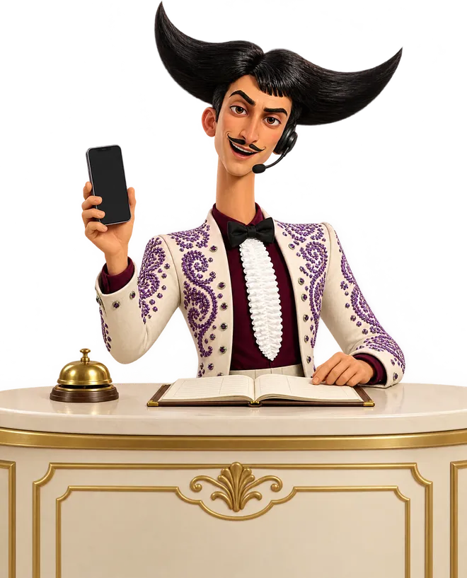 Julio behind a reception desk with a headset, holding up a phone