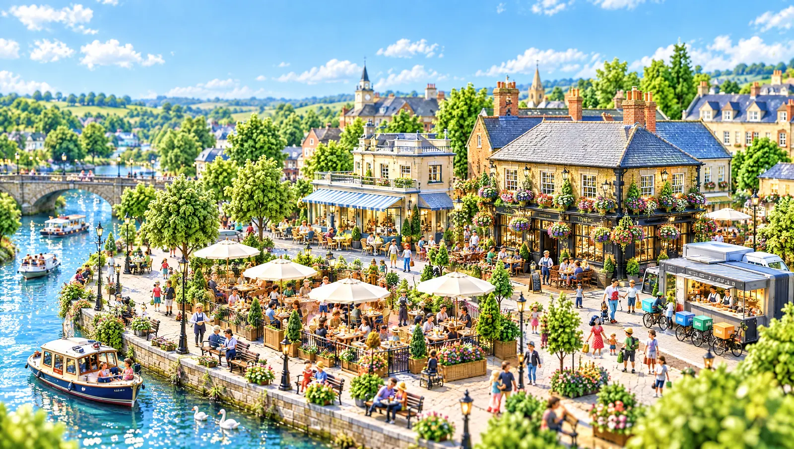 Julio’s toy town: cafés, a pub and tables by the river