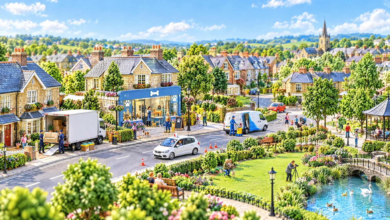 Julio’s toy town: a removals van, a dog groomer’s and a park with a pond