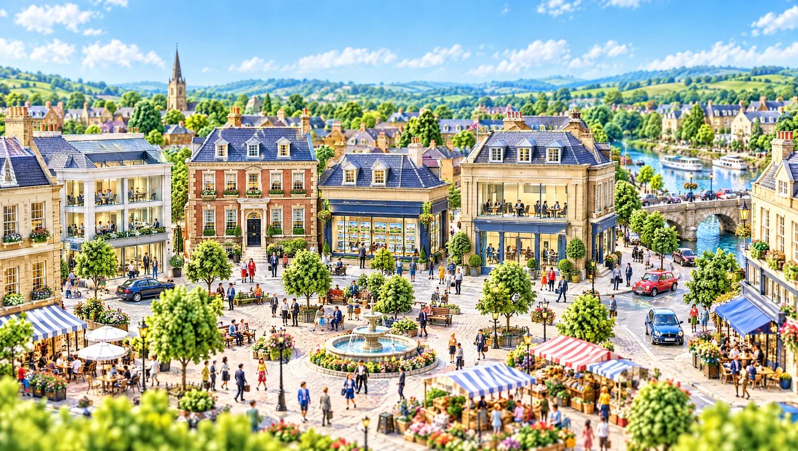 Julio’s toy town: a market square with offices, a fountain and market stalls