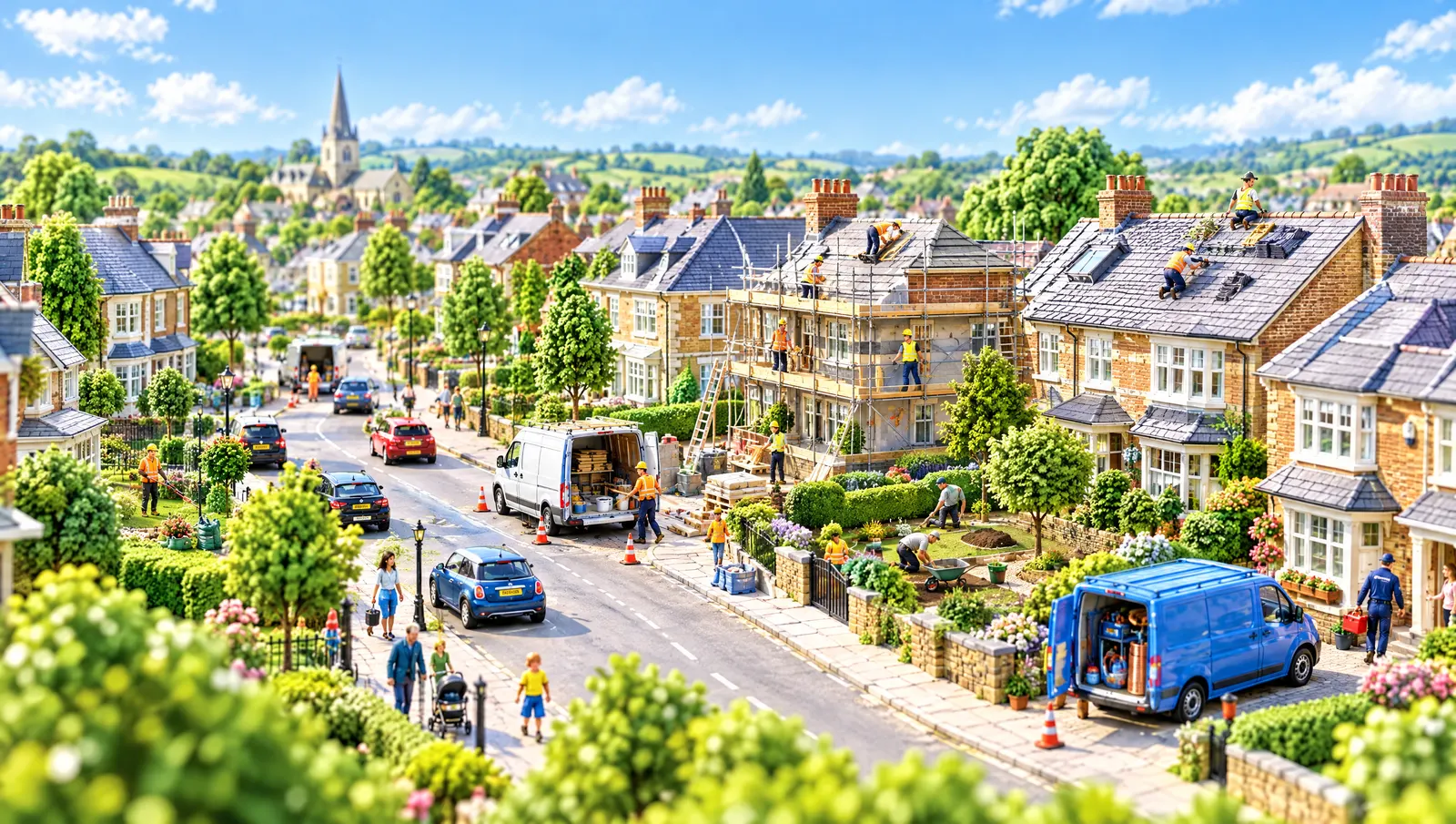 Julio’s toy town: a street of houses with scaffolding, vans and tradespeople at work