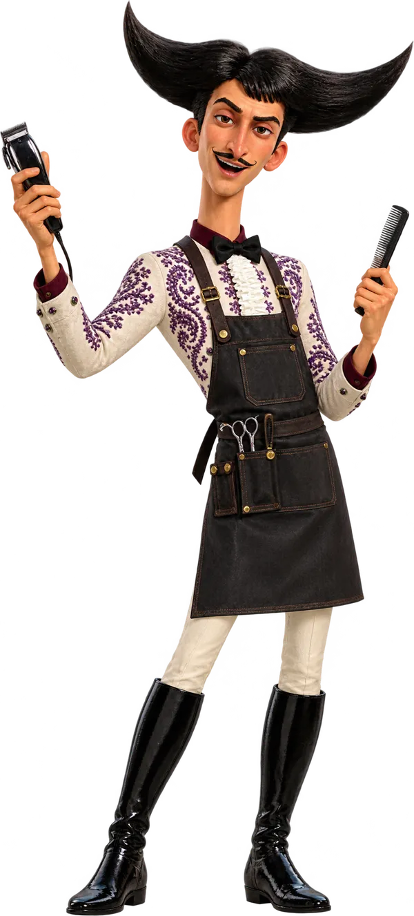 Julio dressed as a barber, in a black apron with clippers and a comb