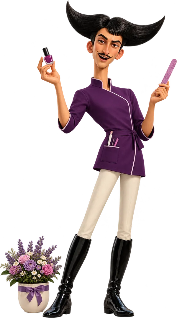 Julio dressed as a beauty therapist, holding a nail file and polish