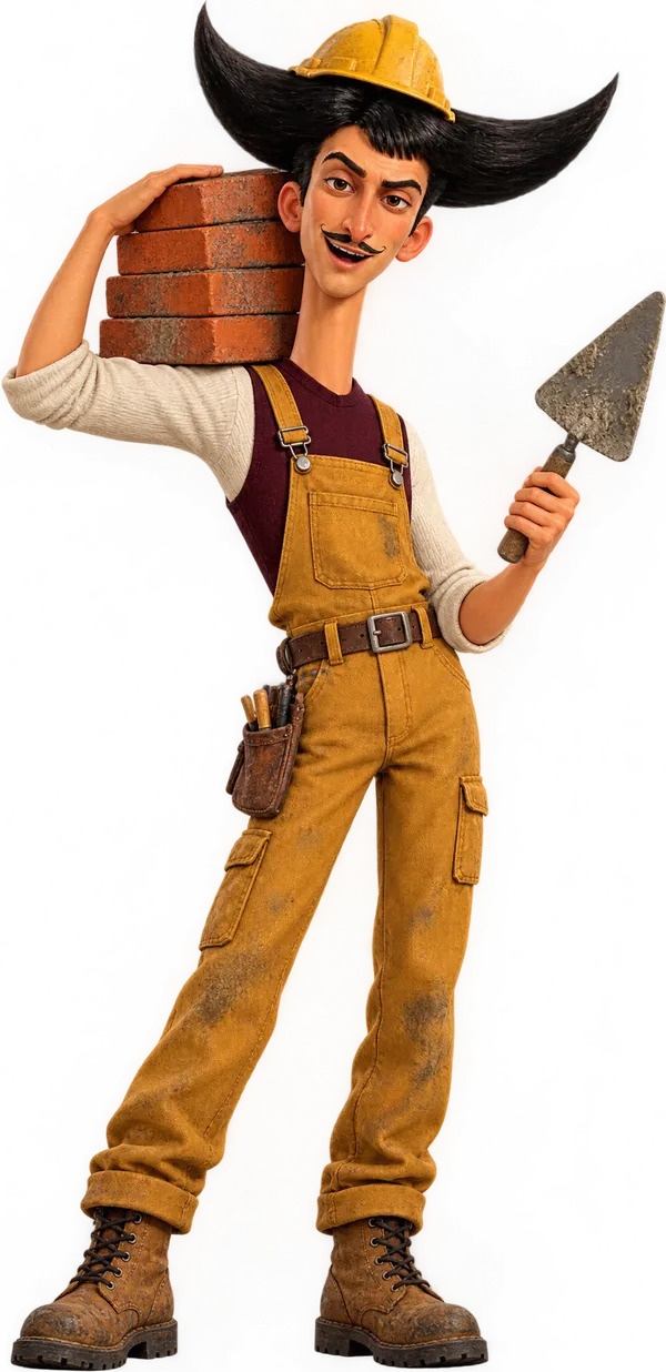 Julio dressed as a builder, in a hard hat, carrying bricks and a trowel