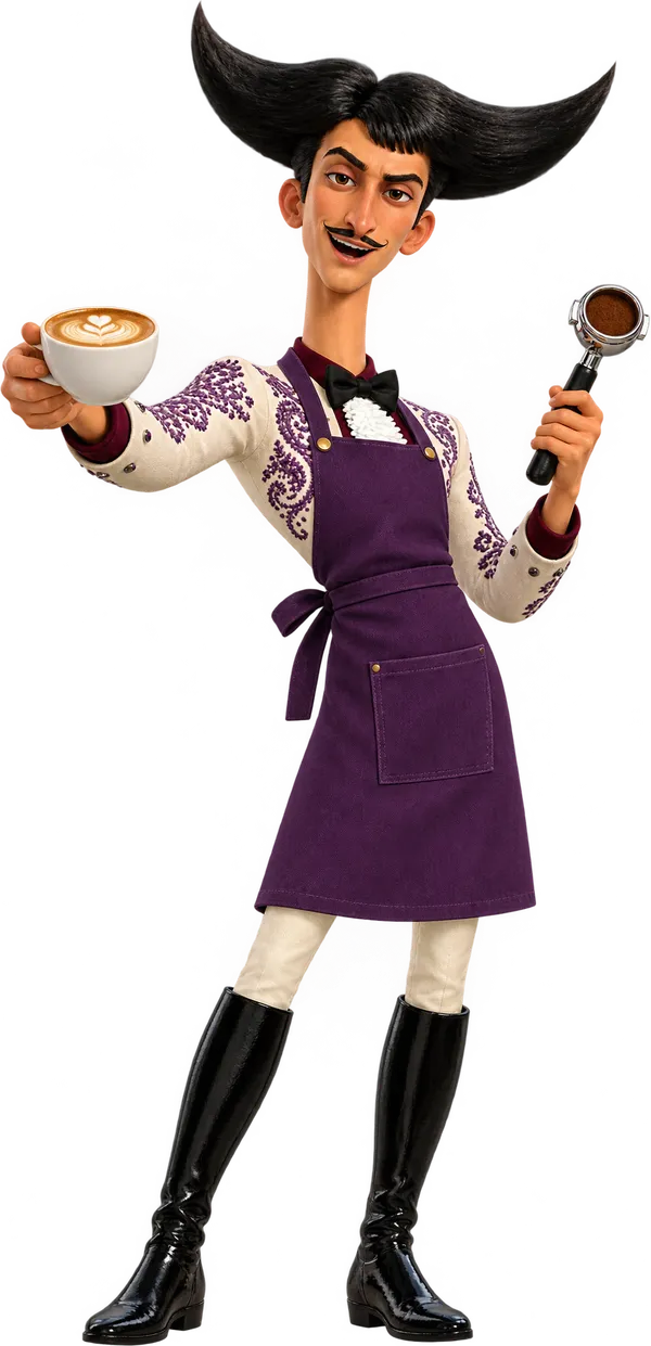 Julio dressed as a barista, in an apron, holding up a cup of coffee