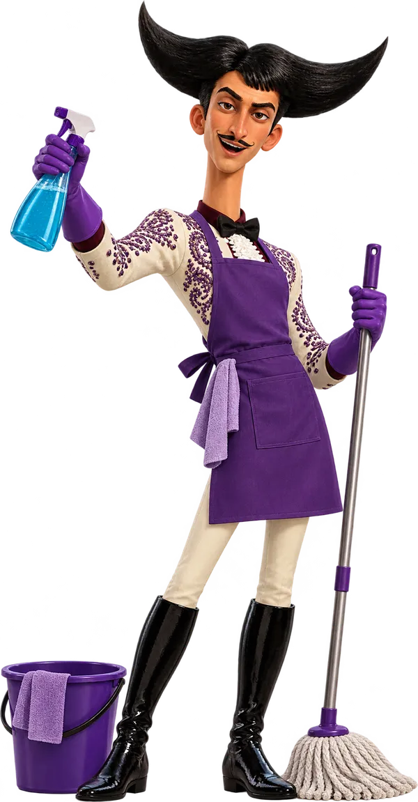 Julio dressed as a cleaner, with a spray bottle, a mop and a bucket