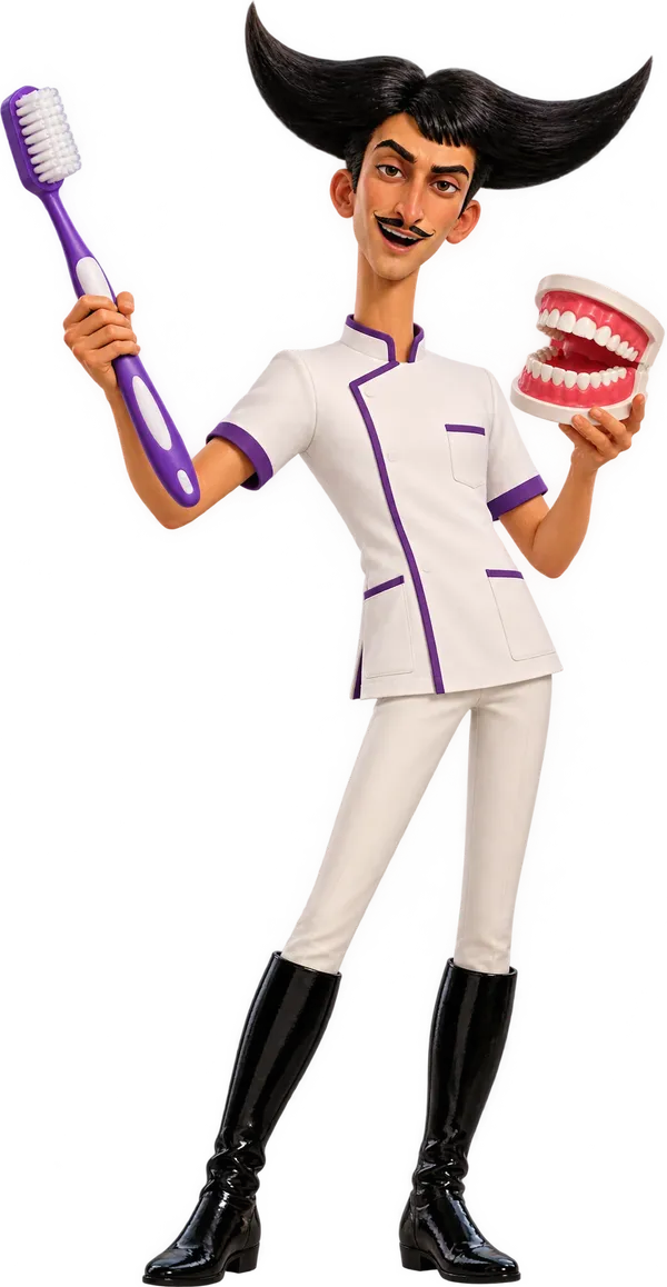 Julio dressed as a dentist, holding a giant toothbrush and a model of teeth