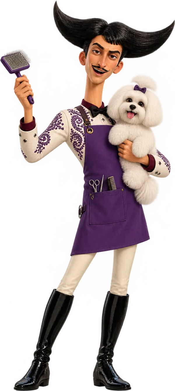 Julio dressed as a dog groomer, holding a brush and a fluffy white dog