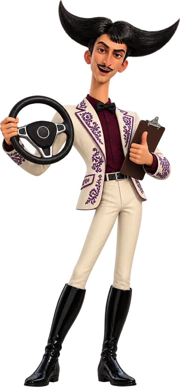 Julio dressed as a driving instructor, holding a steering wheel and a clipboard