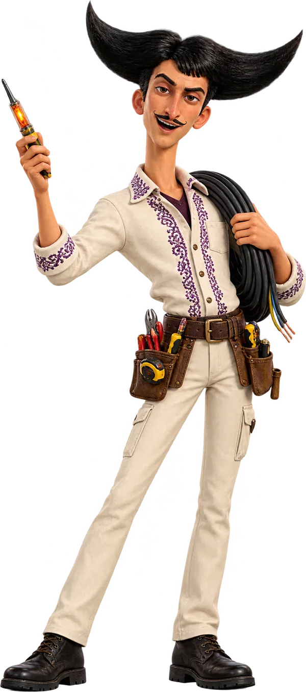 Julio dressed as an electrician, holding a screwdriver, with a coil of cable over his shoulder