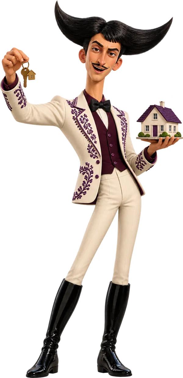 Julio dressed as an estate agent, holding a set of keys and a model house