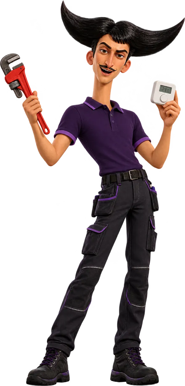 Julio dressed as a heating engineer, holding a wrench and a thermostat