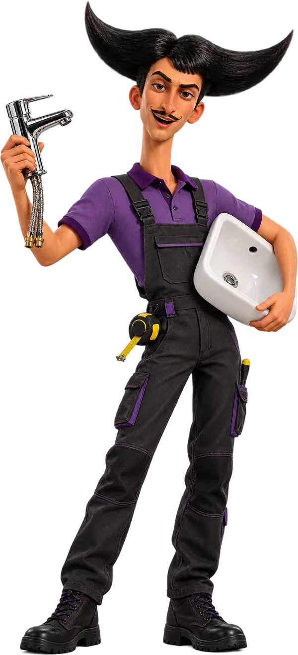 Julio dressed as a kitchen and bathroom fitter, holding a tap and a basin