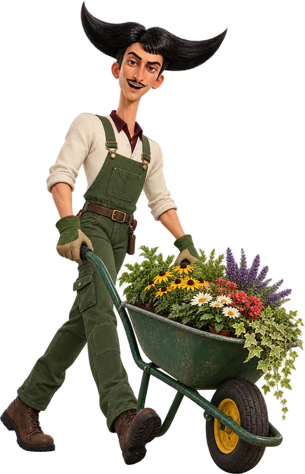 Julio dressed as a gardener in dungarees, pushing a wheelbarrow full of flowers
