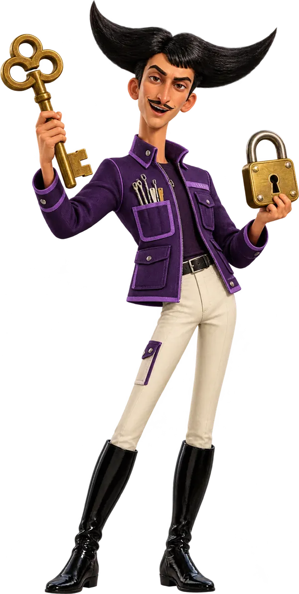 Julio dressed as a locksmith, holding a big key and a padlock