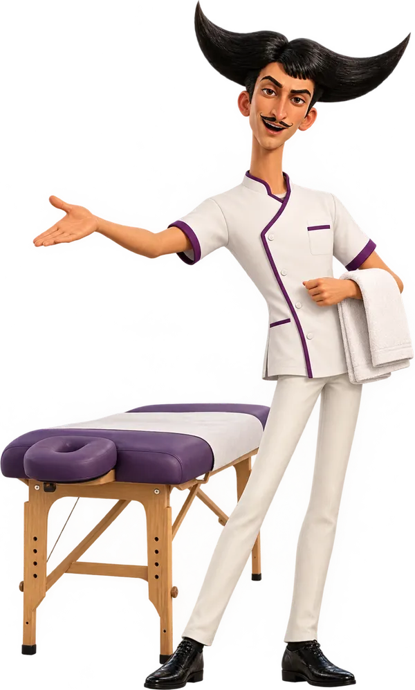 Julio in a clinic tunic, standing beside a treatment couch