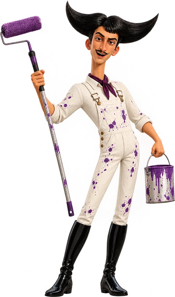 Julio dressed as a decorator in paint-splashed overalls, with a roller and a paint tin