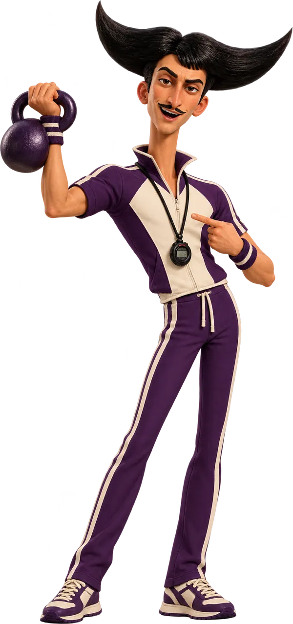 Julio dressed as a personal trainer, in a tracksuit with a whistle, holding a kettlebell