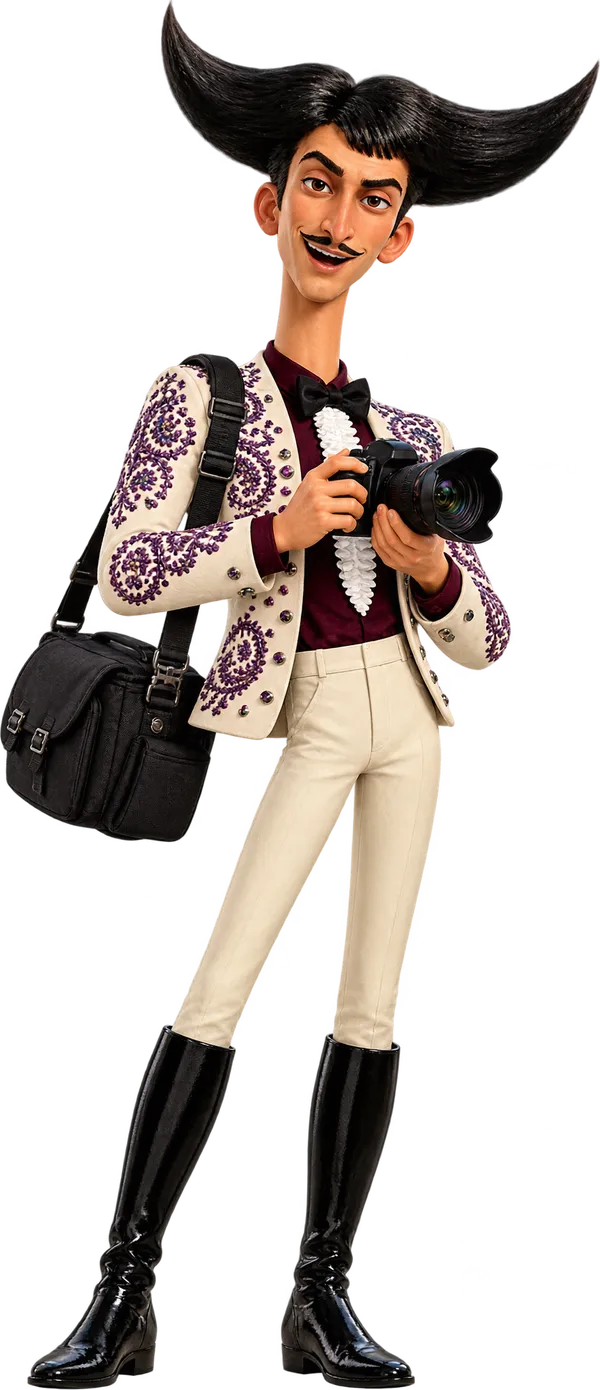 Julio dressed as a photographer, with a camera and a camera bag