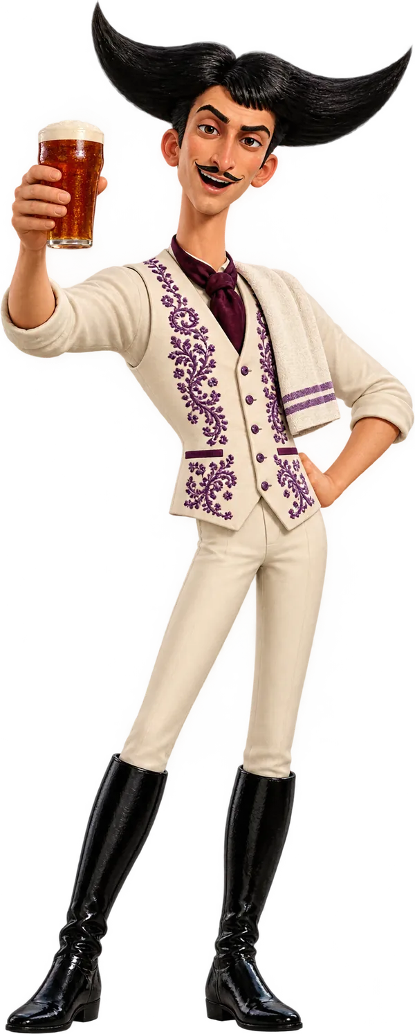 Julio dressed as a pub landlord, holding up a pint