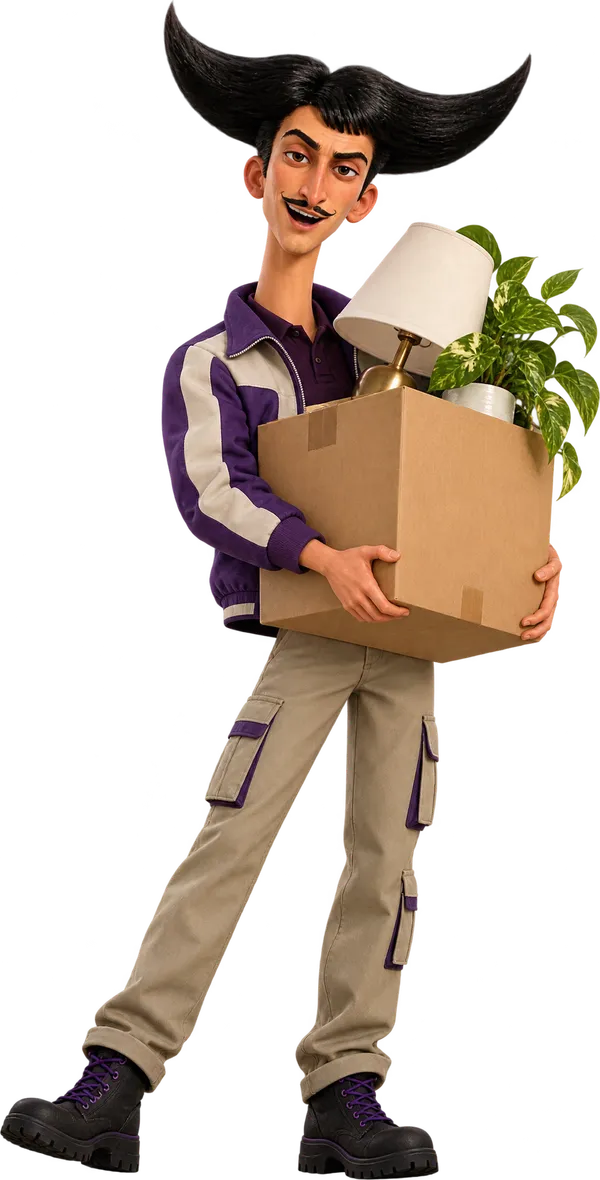 Julio dressed as a removals mover, carrying a box with a plant on top