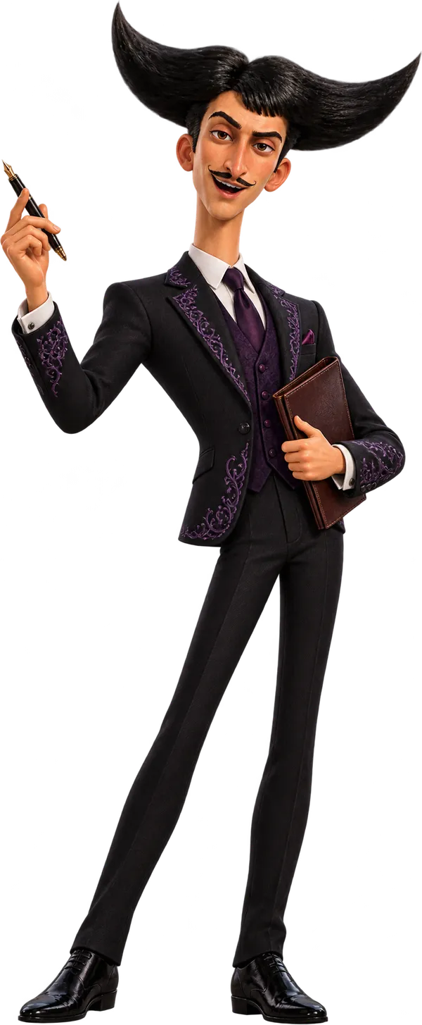 Julio dressed as a solicitor, in a dark suit, holding a pen and a notebook