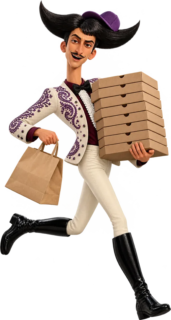 Julio dressed as a delivery driver, running with pizza boxes and a takeaway bag